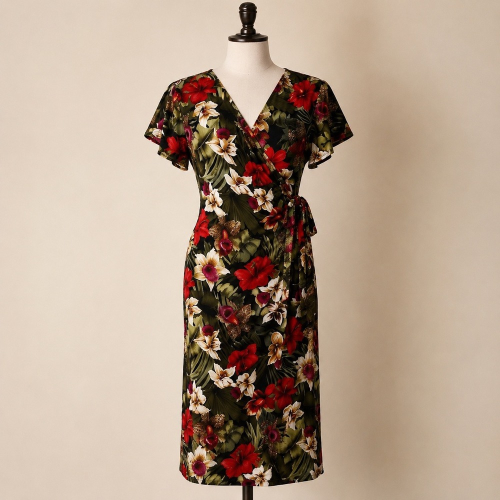 90s Virgo Tropical Floral Leopard Print Faux Wrap Dress 10 Green Red Retro
